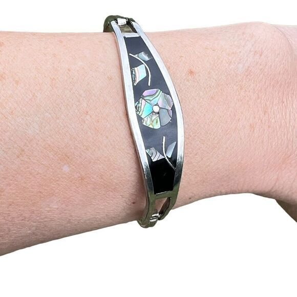 Vintage Alpaca‎ Mexico Women's Bracelet Abalone Shell Floral Silver Tone Signed - Picture 15 of 16